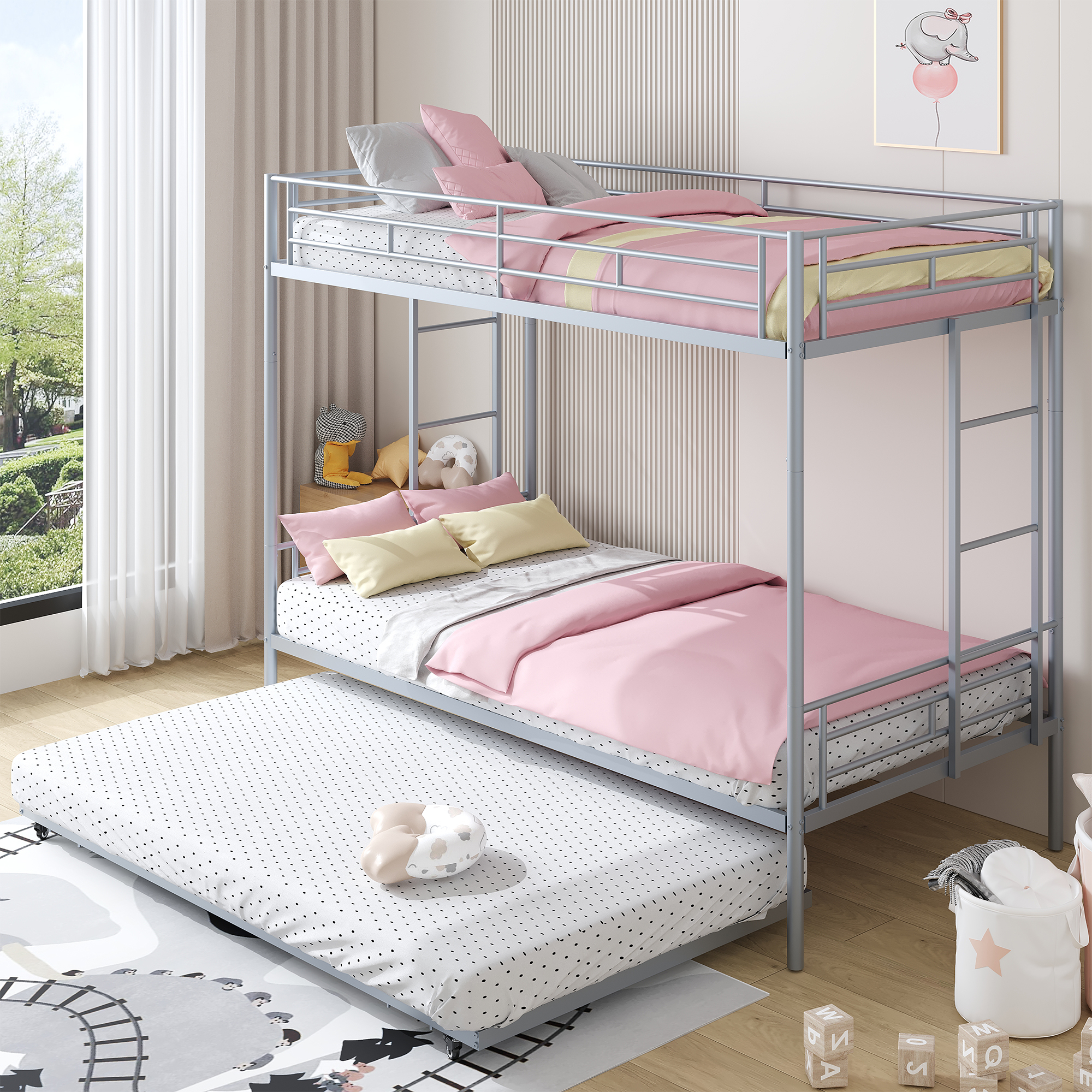 uhomepro Metal Twin Over Twin Bunk Beds with Trundle Bed, Twin Bunk Beds for Kids Adults Teens, Bunk Bed Can Be Divided Into 2 Twin Beds with Trundle, 2 Ladders, No Box Spring Need, Silver - image 1 of 13