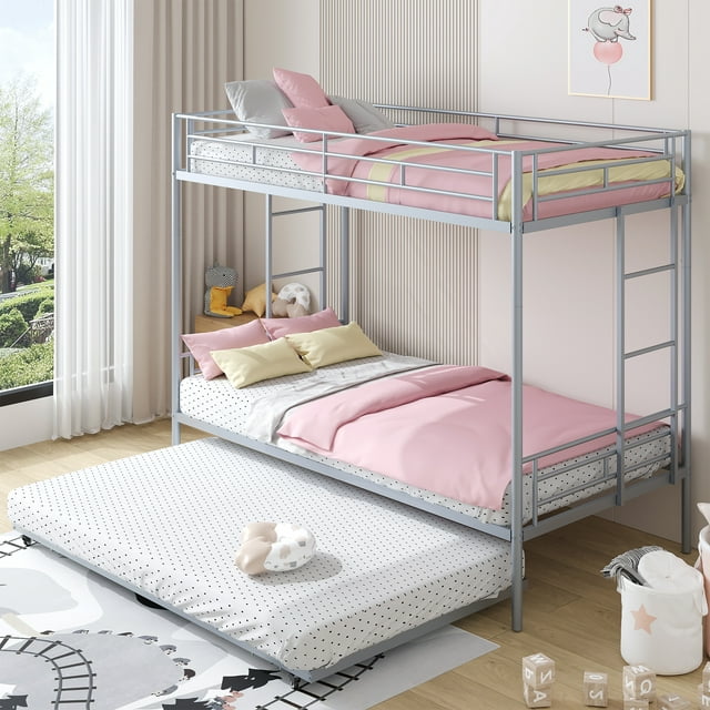 uhomepro Metal Twin Over Twin Bunk Beds with Trundle Bed, Twin Bunk Beds for Kids Adults Teens, Bunk Bed Can Be Divided Into 2 Twin Beds with Trundle, 2 Ladders, No Box Spring Need, Silver