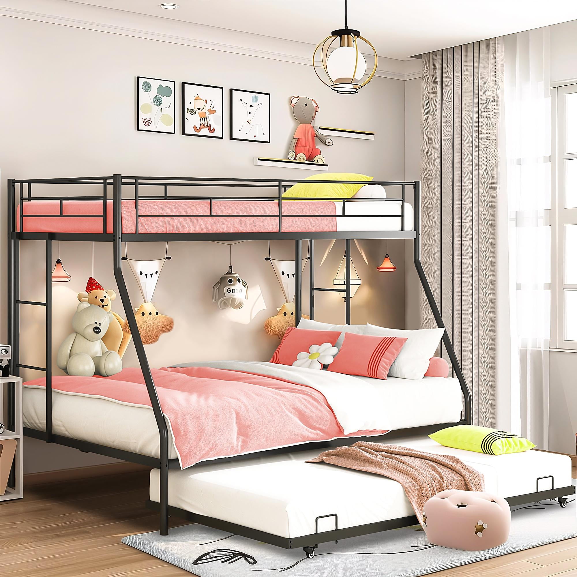 UHOMEPRO Metal Twin Over Full Bunk Beds with Trundle Bed, Twin Over