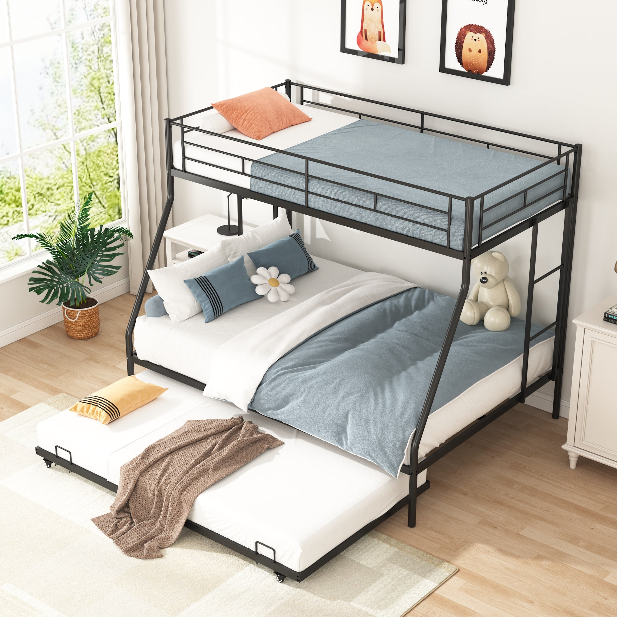 uhomepro Metal Twin Over Full Bunk Beds with Trundle Bed, Twin Over