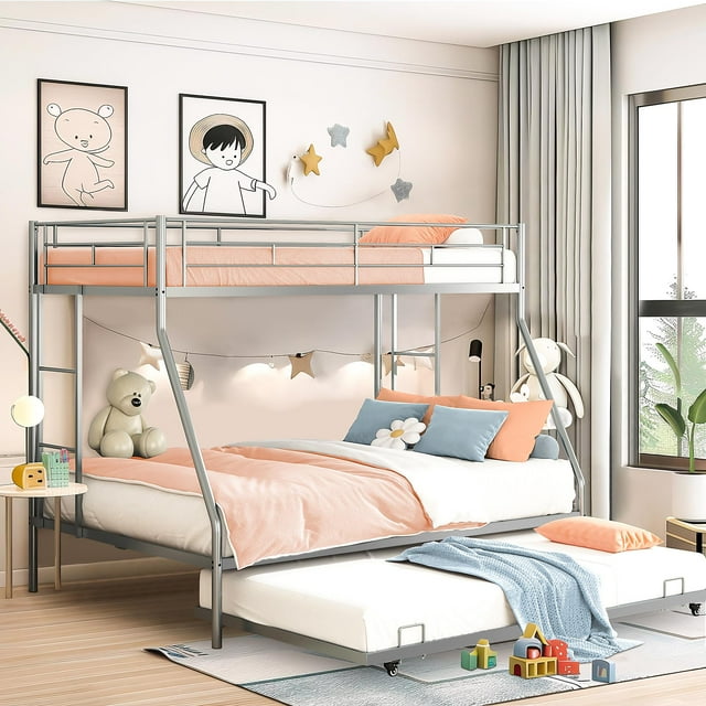 UHOMEPRO Metal Twin Over Full Bunk Beds with Trundle Bed, Twin Over