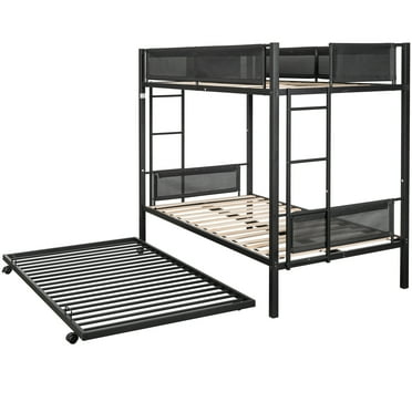 uhomepro Metal Twin Over Twin Bunk Bed with Trundle, Fabric Guard Rails, Wood Support Slats, No Box Spring Needed, Black