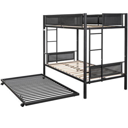 uhomepro Metal Twin Over Twin Bunk Bed with Trundle, Fabric Guard Rails, Wood Support Slats, No Box Spring Needed, Black