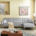 thumbnail image 1 of uhomepro Mid Century Couches and Sofas, Modern Reversible Sectional Sofa Bed with Golden Legs, Metal Nails Armrests, 2 Pillows, Velvet Fabric Couch for Living Room, Gray, 1 of 11
