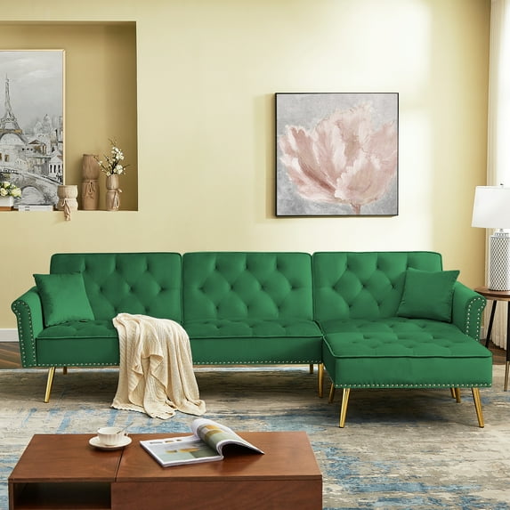 uhomepro Mid Century Couches and Sofas, Modern Reversible Sectional Sofa Bed with Golden Legs, Metal Nails Armrests, 2 Pillows, Velvet Fabric Couch for Living Room, Green