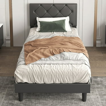 uhomepro Modern Platform Bed Frame with Adjustable Faux Leather Upholstered Headboard, Black Twin Bed for Girls Boys with Wood Slats Support, No Box Spring Needed