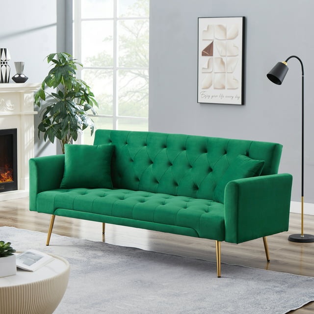 uhomepro Modern Sofa Bed, Convertible Sleeper Sofa with Metal Legs, 2 Pillows, Upholstery Fabric Futon Sofa Bed, Love Seat Living Room Bedroom Furniture for Small Space Office, Green
