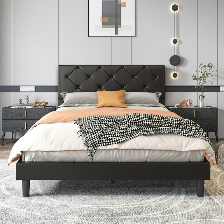 uhomepro Modern Upholstered Platform Queen Bed Frame with Headboard, Black  Bed Frame with Wood Slat Support, Mattress Foundation for Adults Kids, No  Box Spring Needed 