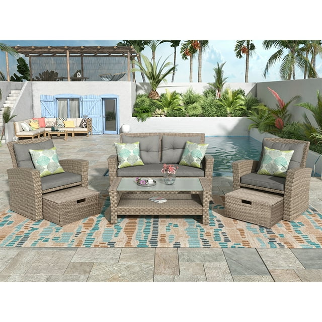 uhomepro Outdoor Patio Furniture Set, 6-Piece PE Rattan Wicker Patio Set with Ottomans and Cushions, Outdoor Conversation Sets with Glass Coffee Table, Porch Patio Bistro Set, Q14472