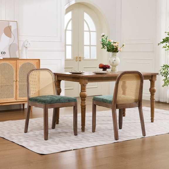 Cane Back Dining Chairs Set of 2, UHOMEPRO Curved Rattan Back Dining Chairs with Chenille Cushion, Distressed Rubberwood Frame, S Spring Support, Farmhouse, Mid-Century, Green