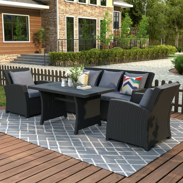 uhomepro Patio Conversation, 4 Piece Black Wicker Outdoor Dining Sofa ...