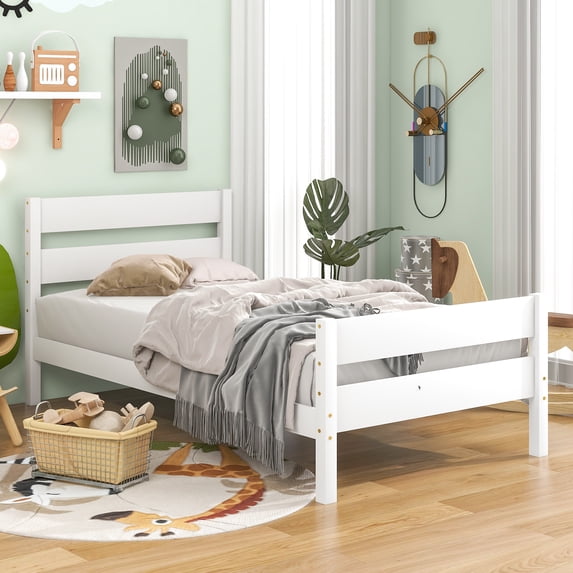 uhomepro Platform Bed Frame with Headboard and Footboard, Modern Pine Wood Twin Bed Frame Bedroom Furniture with Wood Slats Support, No Box Spring Needed, White