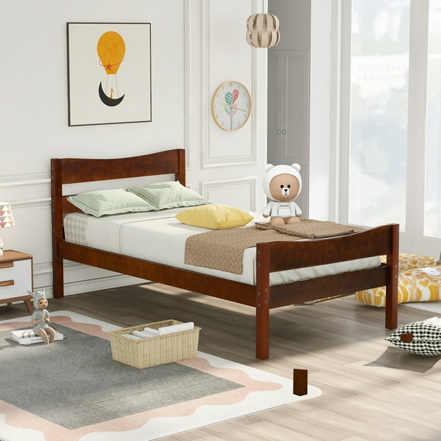 uhomepro Platform Bed Frame with Headboard and Footboard, Modern Twin Bed Frames for Kids, Heavy Duty Pine Wood Twin Size Bedroom Furniture with Wood Slats Support, No Box Spring Needed, Walnut