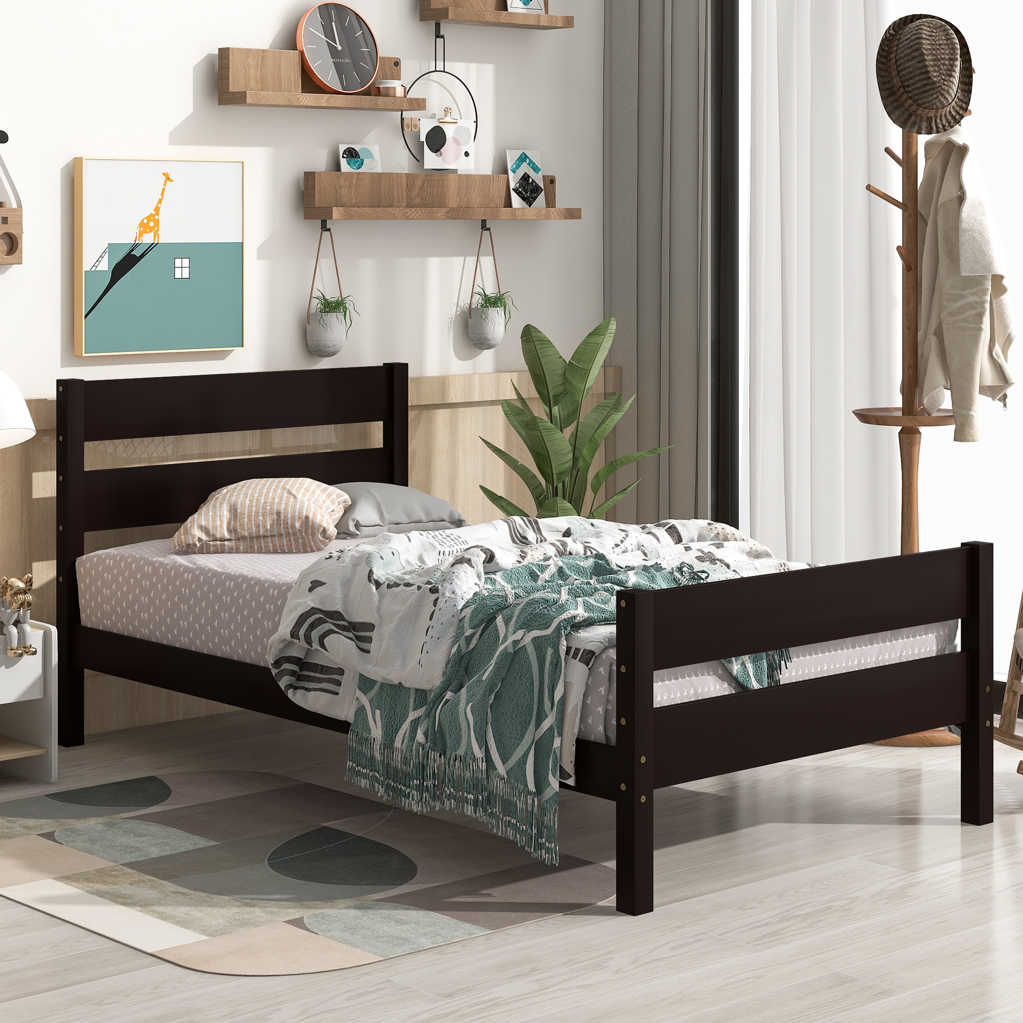 uhomepro Platform Bed Frame with Headboard and Footboard, Modern Twin Bed Frames for Kids, Heavy Duty Pine Wood Twin Size Bedroom Furniture with Wood Slats Support, No Box Spring Needed, Espresso - image 1 of 12
