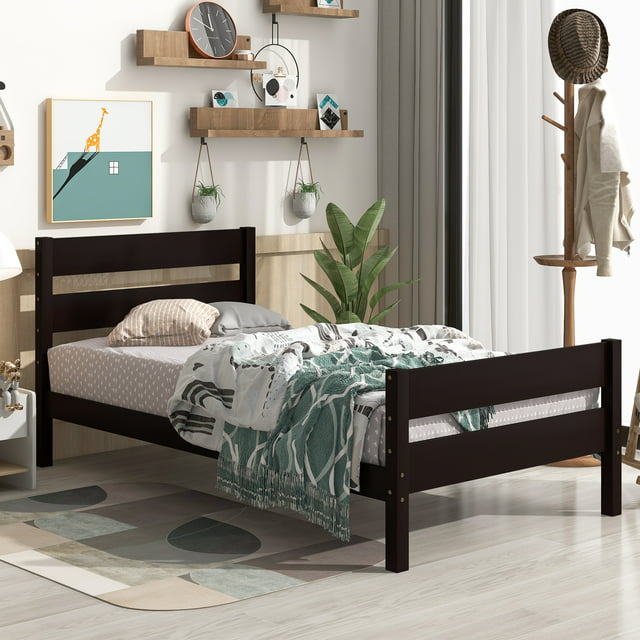 uhomepro Platform Bed Frame with Headboard and Footboard, Modern Twin Bed Frames for Kids, Heavy Duty Pine Wood Twin Size Bedroom Furniture with Wood Slats Support, No Box Spring Needed, Espresso