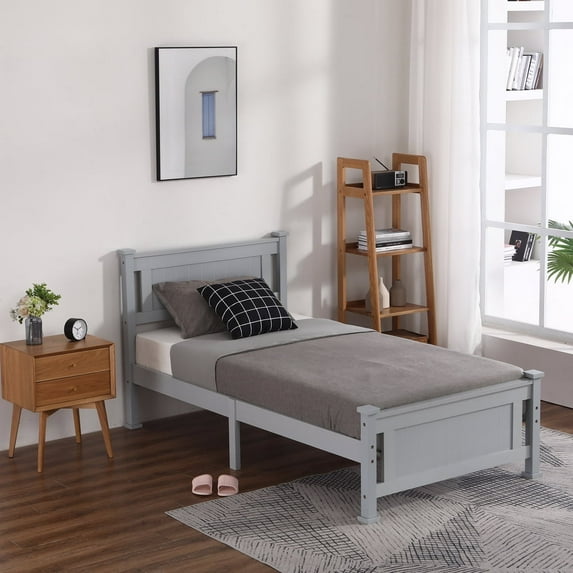 uhomepro Platform Bed Frame with Headboard, Twin Bed Frames, Heavy Duty Pine Wood Twin Bed Frame, Modern Twin Size Bedroom Furniture with Wood Slats Support, No Box Spring Needed, Gray