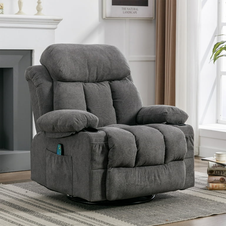 UHOMEPRO Recliner Chair with Heat and Vibration Massage Fabric 360 Swivel Reclining Sofa with USB Charge Port Cup Holders and Side Pockets for