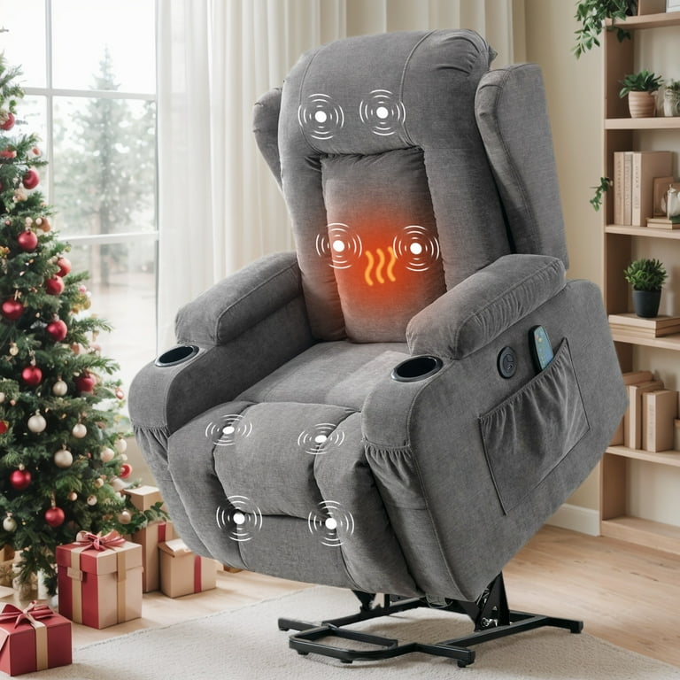 UHOMEPRO Power Lift Recliner Chairs with Massage and Heat Electric Fabric Recliner Chair for Elderly Living Room Furniture with USB Ports 2 Cup