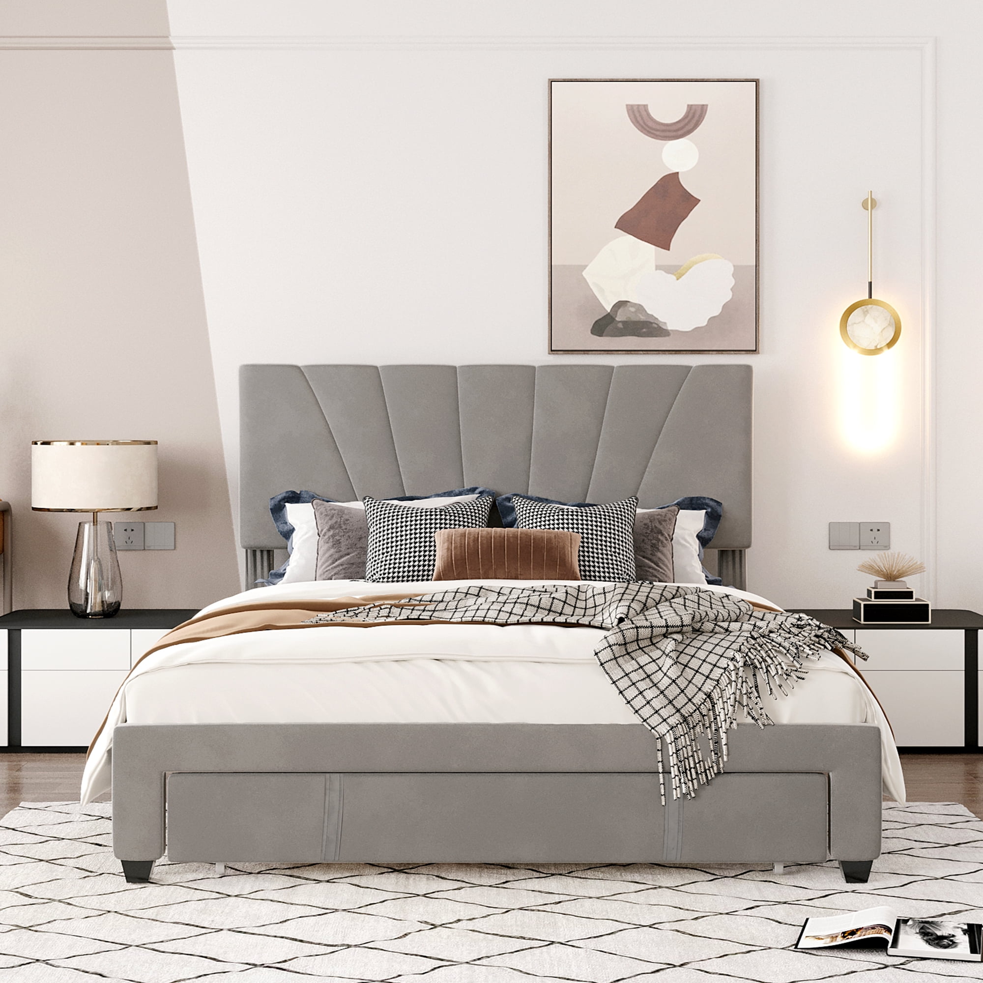 uhomepro Queen Bed Frame with Headboard Big Drawer Modern Velvet