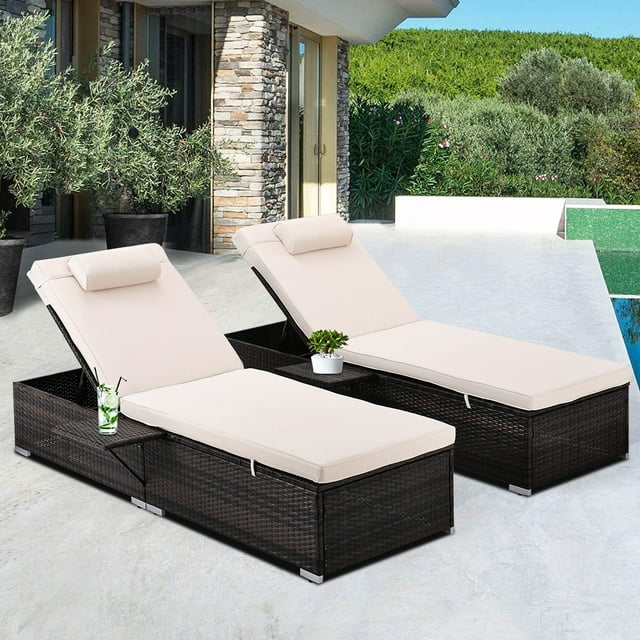 uhomepro Reclining PE Rattan Outdoor Chaise Lounge - Set of 2 Brown and Beige