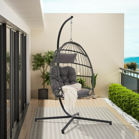 uhomepro Resin Wicker Hanging Egg Chair with Cushion and Stand, Heavy Duty Swing Chair Backyard Relax, UV Resistant Outdoor Indoor Patio Hanging Egg Chair with Steel Frame 350lbs, Light Gray
