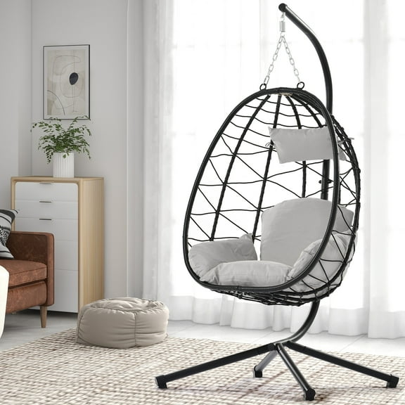 UHOMEPRO Outdoor Egg Chair, Patio PE Wicker Swing Egg Chair with Stand, Cushion and Headrest, All-Weather Rattan Hanging Basket Chair Hammock Chair for Home Bedroom Patio Balcony, Light Gray