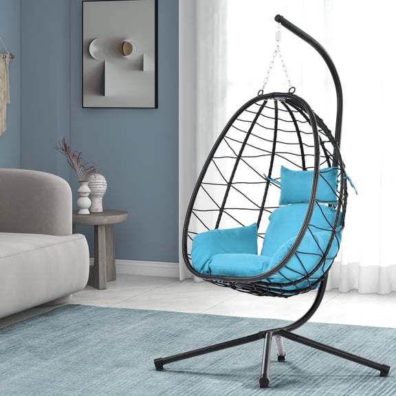 UHOMEPRO Outdoor Egg Chair, Patio PE Wicker Swing Egg Chair with Stand, Cushion and Headrest, All-Weather Rattan Hanging Basket Chair Hammock Chair for Home Bedroom Patio Balcony, Light Blue