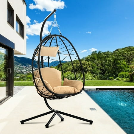 uhomepro Resin Wicker Hanging Egg Chair with Cushion and Stand, UV Resistant Outdoor Patio Hanging Egg Chair with Steel Frame, Heavy Duty Swing Chair Backyard Relax with Headrest Pillow, Khaki