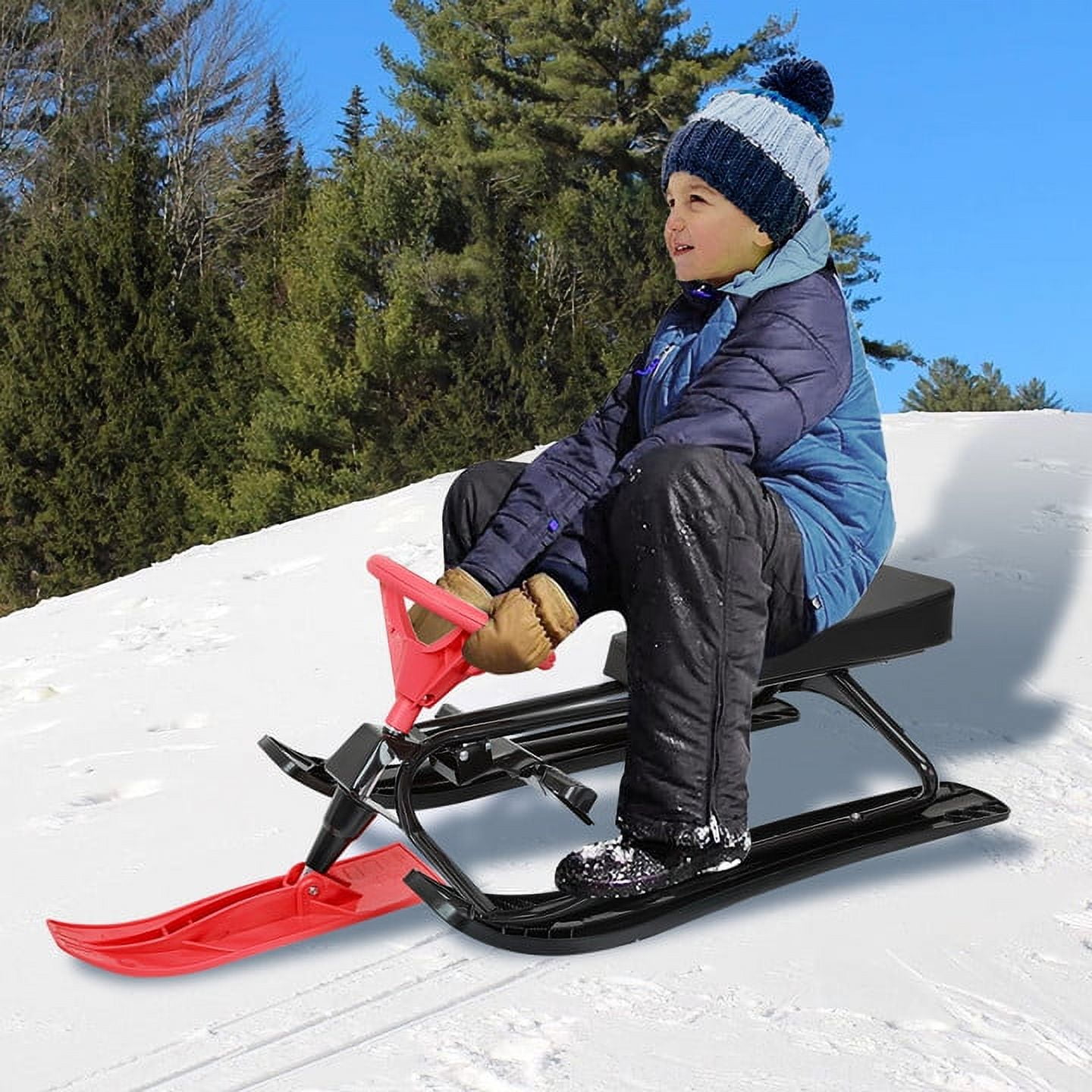 uhomepro Snow Racer Sled, Ski Sled with Steering Wheel, Twin Brakes