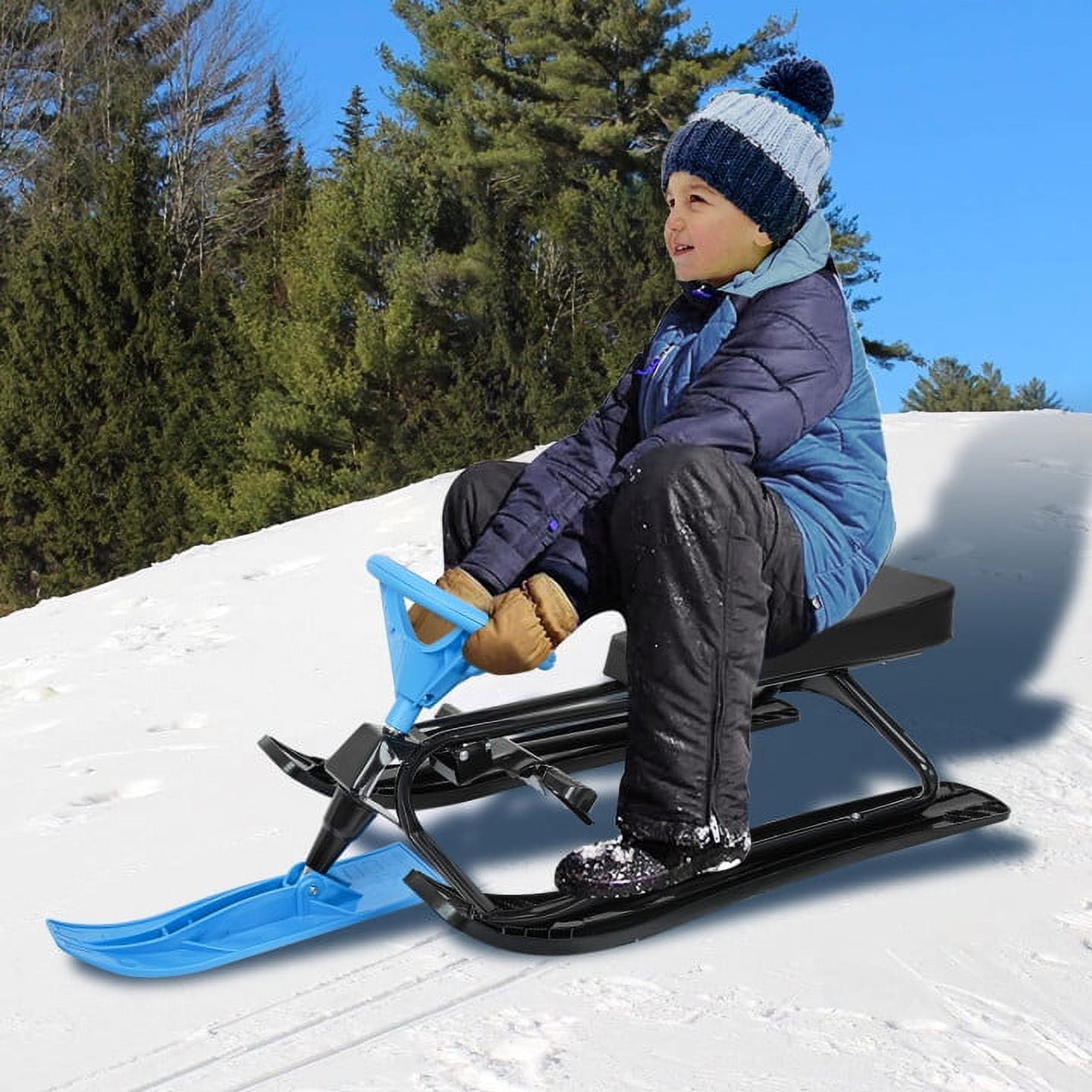 uhomepro Snow Racer Sled, Ski Sled with Steering Wheel, Twin Brakes