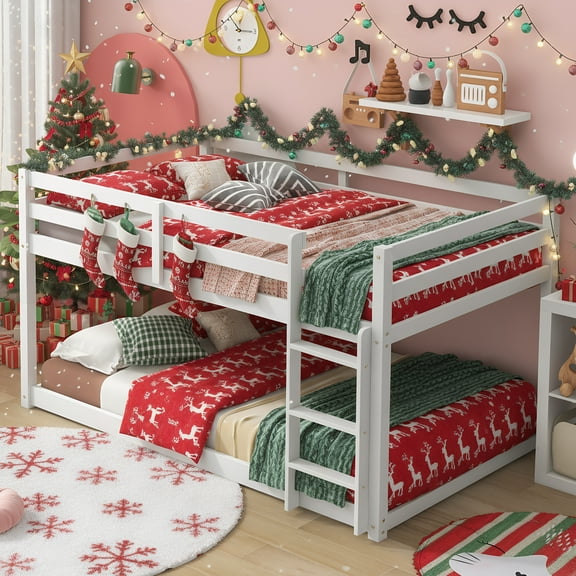 Twin Over Twin Bunk Bed, UHOMEPRO Solid Wood Bunk Bed with High Safety Rail, Ladder, Heavy Duty Bunk Beds, Space-Saving Bedroom Dorm Room Furniture, White