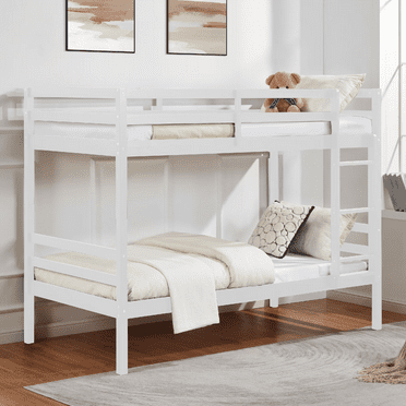 Twin Over Twin Bunk Bed for Kids, UHOMEPRO Solid Wood Bunk Bed with High Safety Rail, Ladder, Heavy Duty Bunk Beds for Boys Girls, Space-Saving Bedroom Dorm Room Furniture, White
