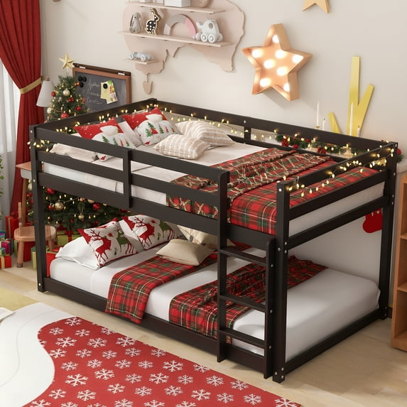 Twin Over Twin Kids Bunk Bed, UHOMEPRO Solid Wood Floor Bunk Bed for Kids Bedroom, High Safety Rail, Ladder, Heavy Duty Space-Saving Bunk Beds, Espresso