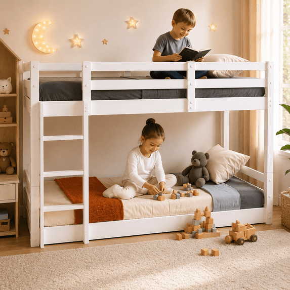 Twin Over Twin Kids Bunk Bed, UHOMEPRO Solid Wood Floor Bunk Bed for Kids Bedroom, High Safety Rail, Ladder, Heavy Duty Space-Saving Bunk Beds, Convertible into 2 Twin Beds, White