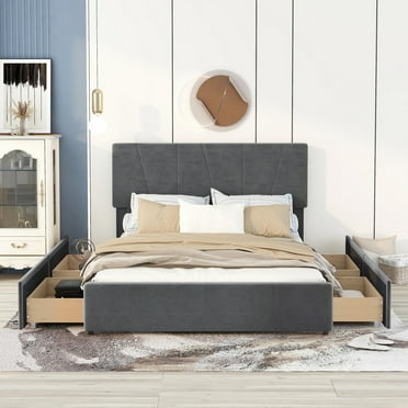 uhomepro Storage Queen Bed Frame, Modern Upholstered Platform Bed with Headboard, 4 Drawers, Heavy Duty Bed Frame Bedroom Furniture with Wood Slats Support, No Box Spring Required, Grey