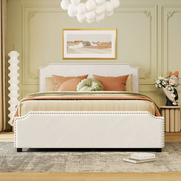 Beige Velvet Queen Platform Bed with 4 Drawers Nailhead Trim