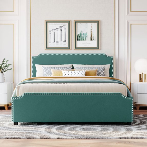 uhomepro Storage Upholstered Platform Bed Queen Size with Nail Trim Headboard, 4 Storage Drawers, Wood Slats Support, Mattress Foundation No Box Spring Required, Green