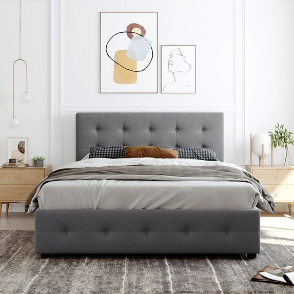 uhomepro Storage Upholstered Platform Bed Queen Size with Nail Trim Headboard, 4 Storage Drawers, Wood Slats Support, Mattress Foundation No Box Spring Required, Gray