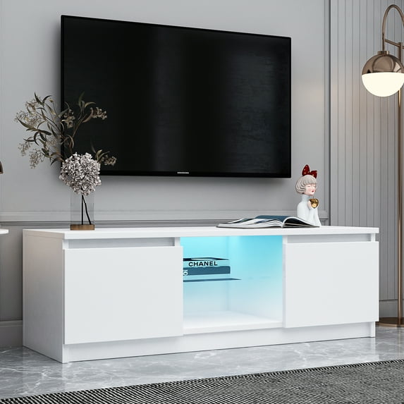 uhomepro TV Stand with LED Lights, 2 Cabinets and Open Shelves High Gloss Entertainment Center Media Console Table Storage Desk for Up to 65 Inch TV, White TV Cabinet for Living Room