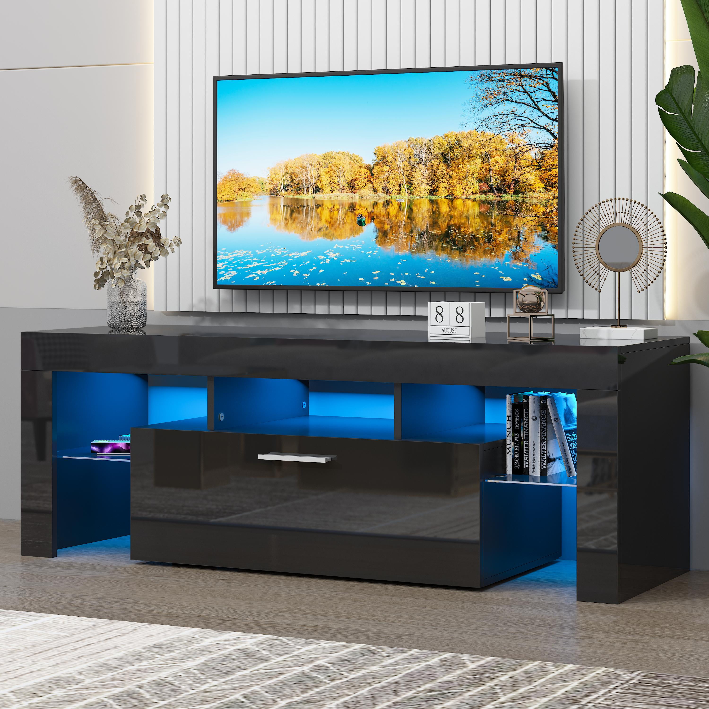 UHOMEPRO TV Stand for TV up to 55", Living Room Entertainment Center with RGB LED Lights and Storage Shelves Furniture, Black High Gloss TV Cabinet Console Table