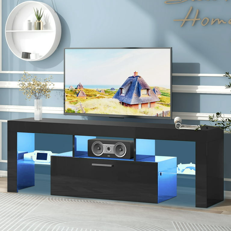 uhomepro TV Stand for TVs up to 70, Living Room Entertainment Center with  RGB LED Lights and Storage Shelves Furniture, White High Gloss TV Cabinet