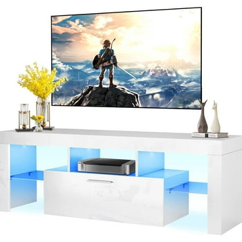 uhomepro TV Stand for TVs up to 55", Living Room Entertainment Center with RGB LED Lights and Storage Shelves Furniture, White High Gloss TV Cabinet Console Table