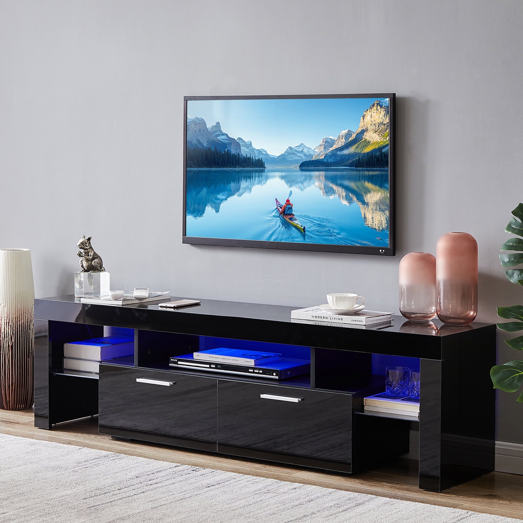 uhomepro TV Stand for TVs up to 70, Living Room Entertainment Center with  RGB LED Lights and Storage Shelves Furniture, Black High Gloss TV Cabinet  Console Table 