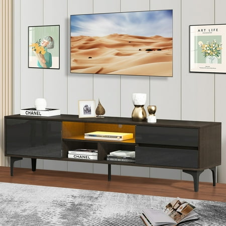 uhomepro TV Stand for TVs up to 70", Living Room Entertainment Center with RGB LED Lights and Storage Shelves Furniture, High Gloss TV Cabinet Console Table, Quick Assemble, Dark Brown+Black