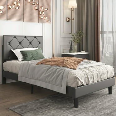 uhomepro Twin Bed Frame with Adjustable Faux Leather Headboard, Button Tufted Upholstered Style Black Twin Bed for Kids with Wood Slats Support, No Box Spring Needed