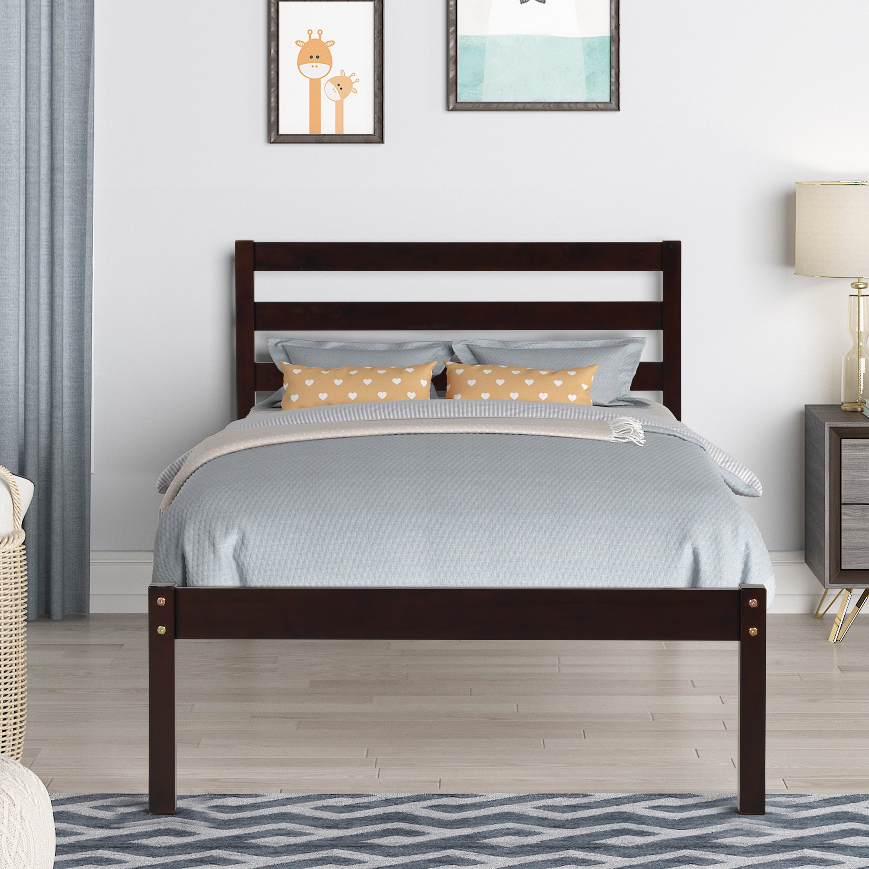 uhomepro Twin Bed Frame, Solid Wood Platform Bed Frame with Headboard and Wooden Slats, Twin