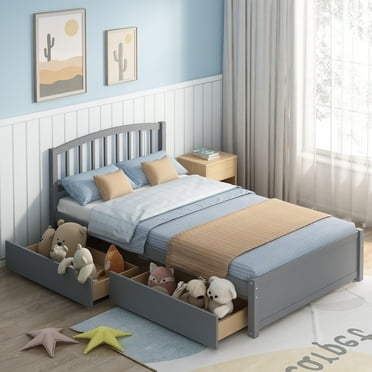 uhomepro Wood Twin Size Platform Bed with 2 Storage Drawers, Pine Wood Bed with Headboard, Modern Twin Size Bed Frame with Wood Slats Support, No Box Spring Needed, Gray