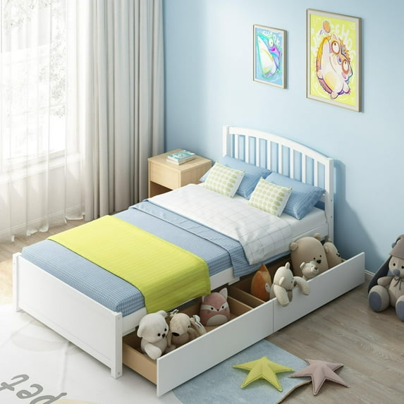 uhomepro Wood Twin Size Platform Bed with 2 Storage Drawers, Pine Wood Bed with Headboard, Modern Twin Size Bed Frame with Wood Slats Support, No Box Spring Needed, White