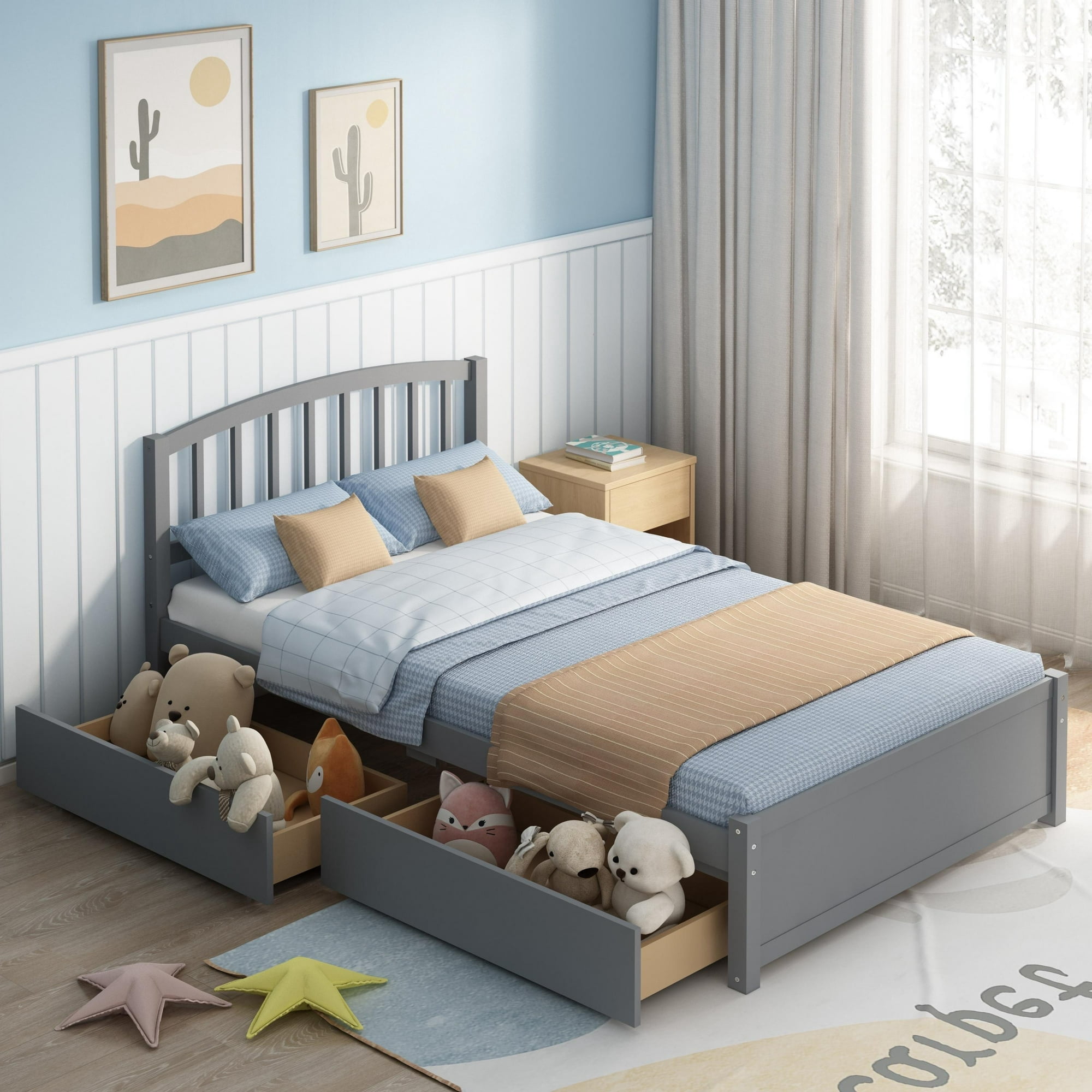 UHOMEPRO Wood Twin Size Platform Bed with 2 Storage Drawers, Pine Wood Bed with Headboard, Modern Twin Size Bed Frame with Wood Slats Support, No Box Spring Needed, Gray