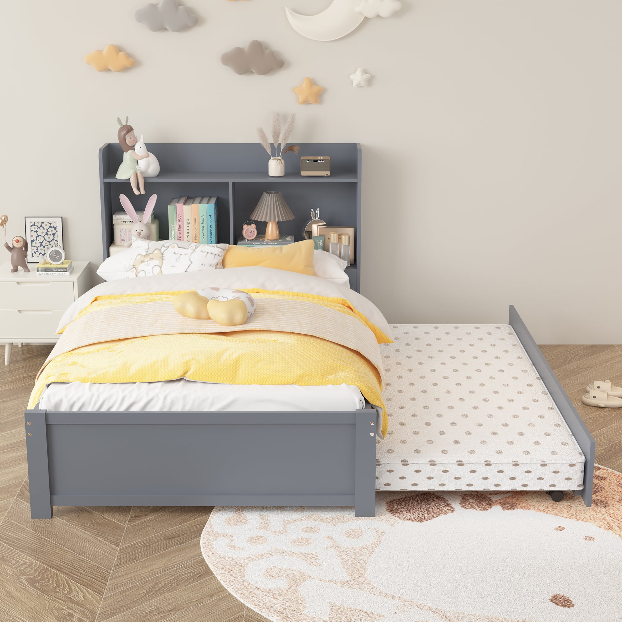 UHOMEPRO Twin Bed Frame with Trundle and Bookcase Headboard, Twin Size Platform Bed Frame with Pull Out Trundle Bed, Wooden Twin Bed Frame with Storage Shelves, No Box Spring Needed, White